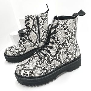 Ivory Snake Print Lace Up Combat Boots